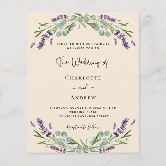 Lavendel beige QR RSVP budget bruiloft uitnodiging (Voorkant)