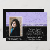 Lavendel Black Swirls Foto Afstuderen Uitnodiging (Voorkant / Achterkant)