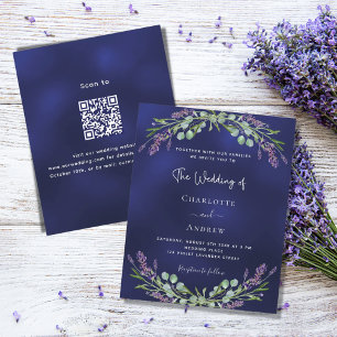 Lavendel blauw QR RSVP budget bruiloft uitnodiging