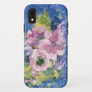 Lavendel Blauwe Waterverf Bloemenglitter iPhone XR Hoesje