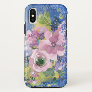 Lavendel Blauwe Waterverf Bloemenglitter iPhone XS Hoesje
