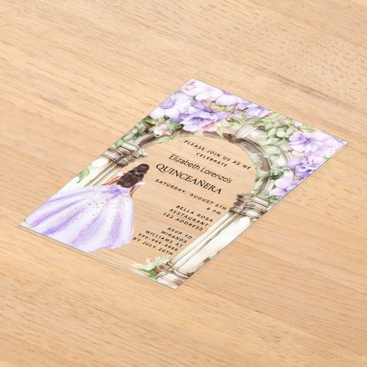 Lavendel bloemen boog jurk duidelijk Quinceanera Acryl Uitnodigingen (Laagn)