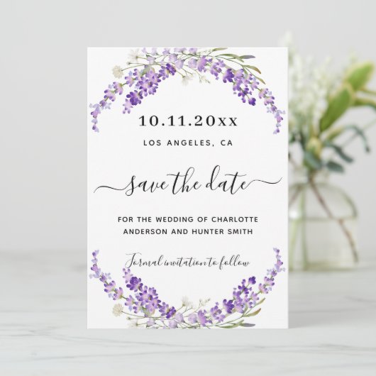 Lavendel bloemen bruiloft opslaan van de datum save the date (Staand voorkant)