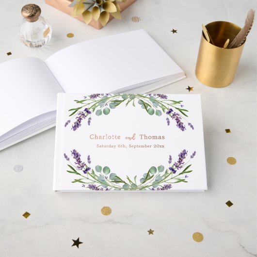 Lavendel bloemen eucalyptus roos gouden bruiloft gastenboek (Voorkant open)