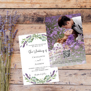 Lavendel bloemen foto QR RSVP luxe bruiloft Kaart
