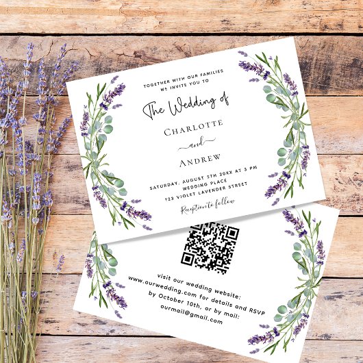 Lavendel bloemen groen QR code RSVP bruiloft Kaart