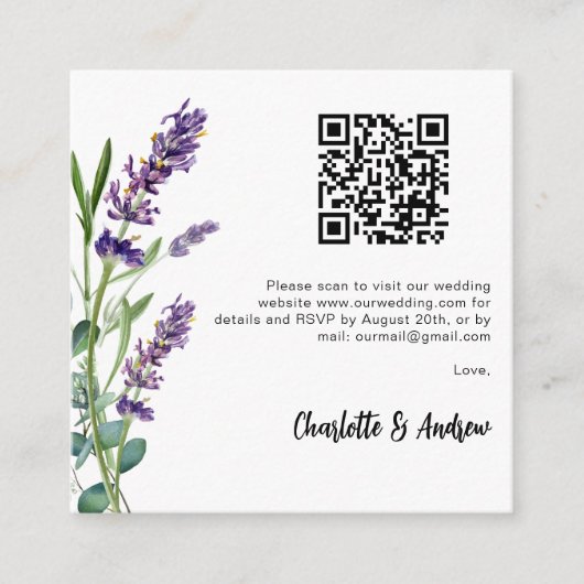 Lavendel bloemen QR code bruiloft RSVP Informatiekaartje (Voorkant)