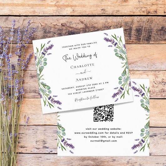 Lavendel bloemen QR RSVP budget bruiloft uitnodigi