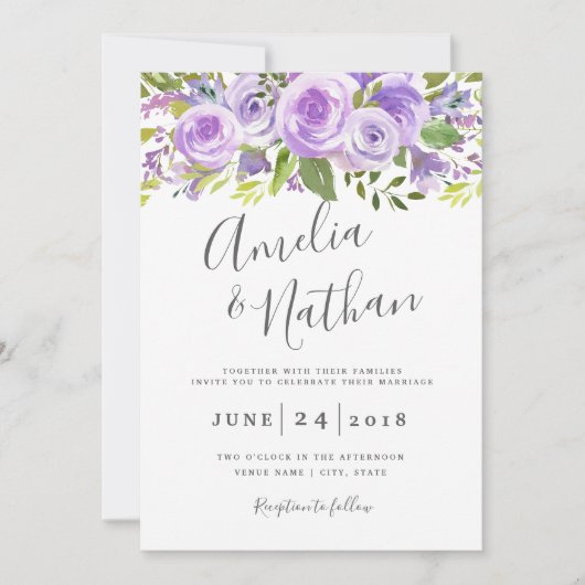 Lavendel Bloemen Roos Huwelijksuitnodiging Kaart (Voorkant)