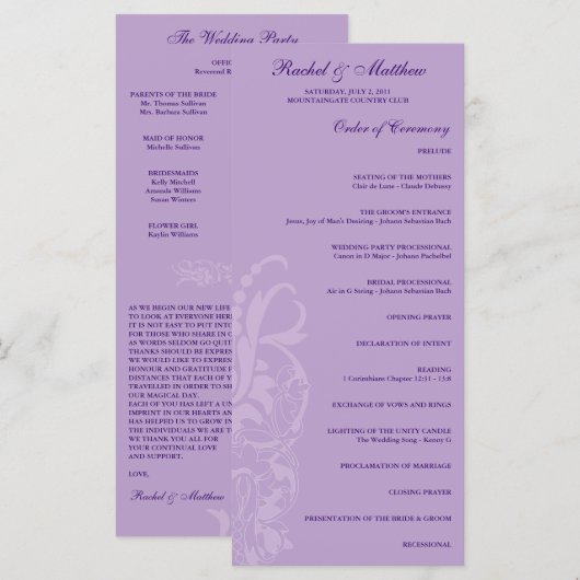 Lavendel bloemenbruiloft programma (Voorkant / Achterkant)