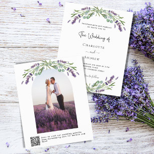 Lavendel bloemetjes boogfoto QR RSVP budget bruilo