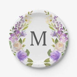 Lavendel Bloemig Monogram Bruiloft Diner Papieren  Bordje