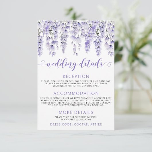 Lavendel bloemige elegante bruiloft details informatiekaartje (Staand voorkant)