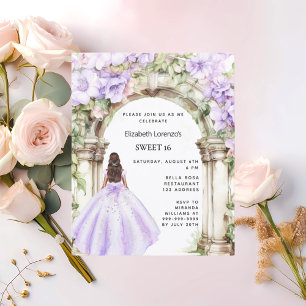 Lavendel bloemstukken boog jurk Sweet 16 uitnodigi