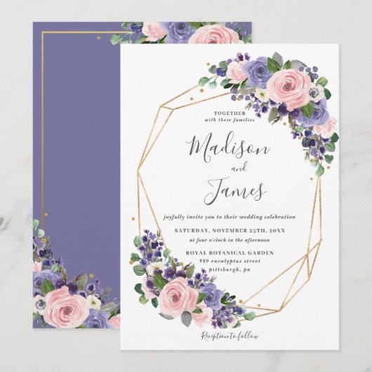 Lavendel Blush Bloemen Bruiloft Geometrisch Goud L Kaart (Voorkant / Achterkant)