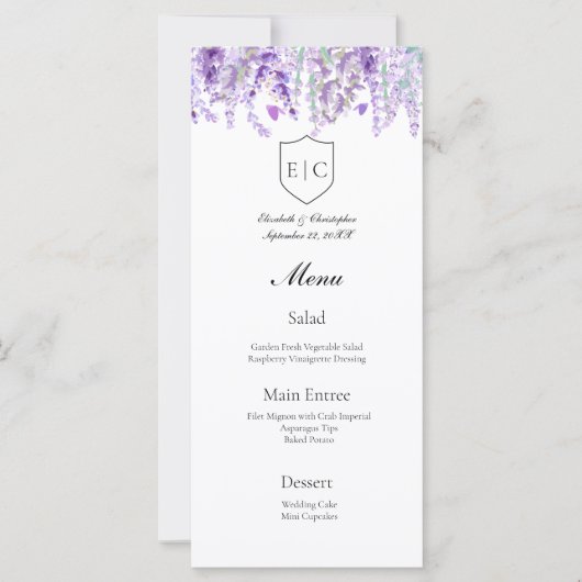 Lavendel Botanisch Monogram Bruiloft Menu (Voorkant)
