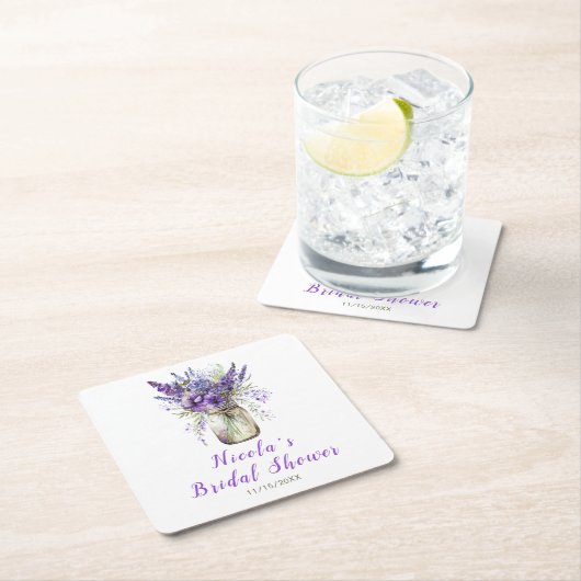 Lavendel bruidsdouche in een weckpot vierkante kartonnen onderzetter (Insitu)