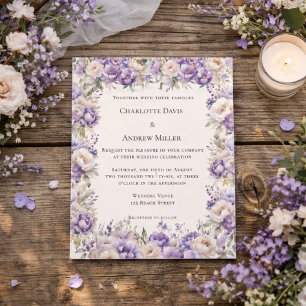 Lavendel champagne crème bloemige trouwuitnodiging