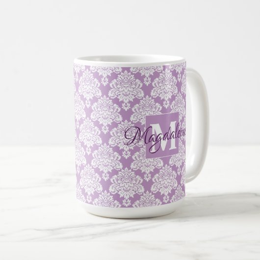 Lavendel Damask Mok met Monogram en Naam (Voorkant rechts)