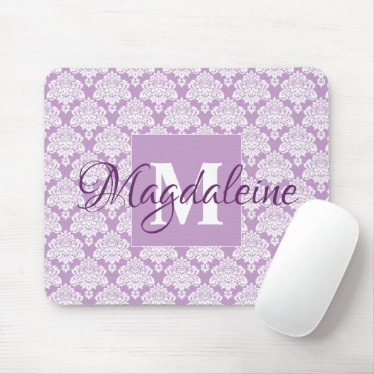Lavendel Damask Muismat met Monogram & Naam (Met muis)