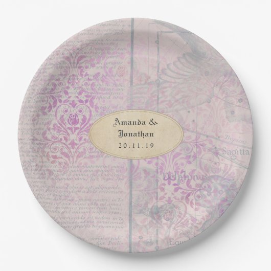 Lavendel Decoupage Damask Bruiloft Papieren Bordje (Voorkant)