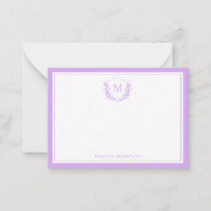 Lavendel Double Border Floral Crest Monogram Notitiekaartje