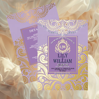 Lavendel Elegante Artdeco Diamanten Monogram Trouw Folie Uitnodiging