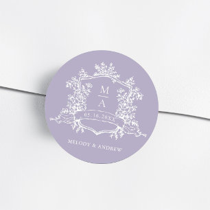 Lavendel Elegante Bloemenkam Monogram Bruiloft Ronde Sticker