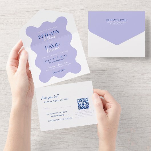 Lavendel en Blue Wave QR Code RSVP Bruiloft All In One Uitnodiging