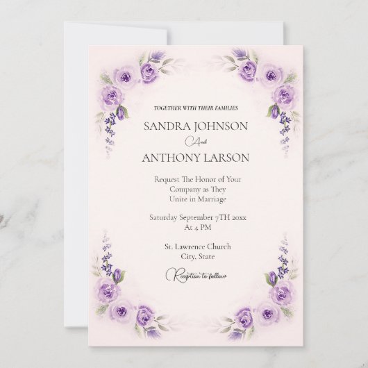 Lavendel en Blush Roos huwelijksuitnodiging Kaart (Voorkant)