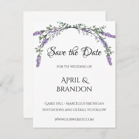 Lavendel en Eucalyptus bruiloft Save The Date (Voorkant / Achterkant)