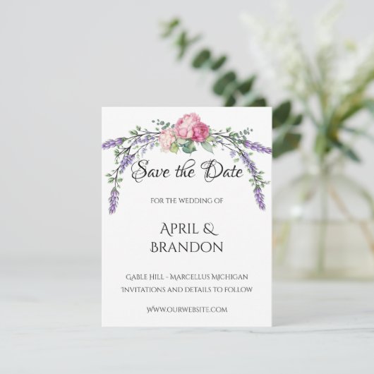 Lavendel en Eucalyptus roze pioenen Huwelijk Save The Date (Staand voorkant)