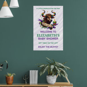 Lavendel en Groene Stier Zodiac Baby Shower Poster