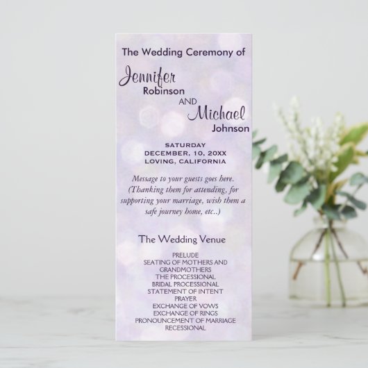 Lavendel en Paarse Bokeh bruiloft programma (Staand voorkant)