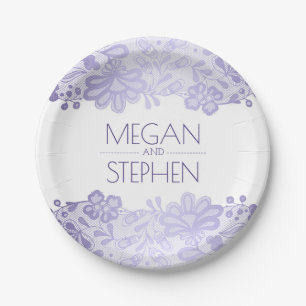 Lavendel en Witte kant Bloemen Elegante bruiloft Papieren Bordje
