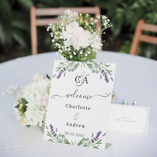 Lavendel eucalyptus monogram welkom huwelijk reclamebord met voetstuk