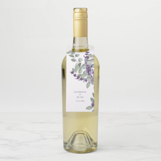 Lavendel & Eucalyptus Namen & Datum Wijn Bruiloft Flessenhanger (Op fles)