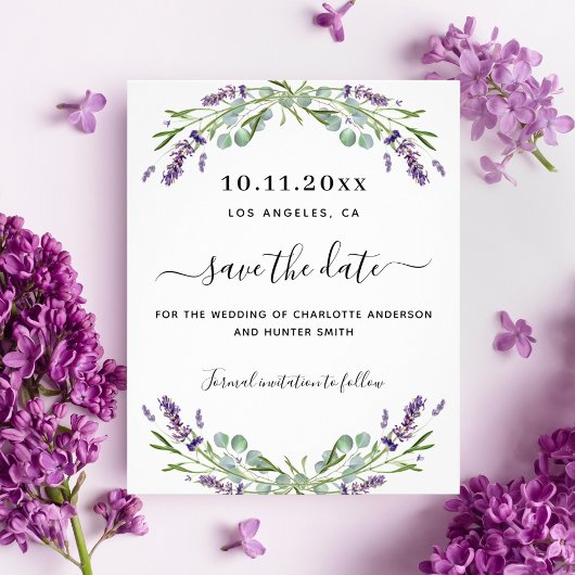 Lavendel eucalyptus trouwbudget save the date flyer