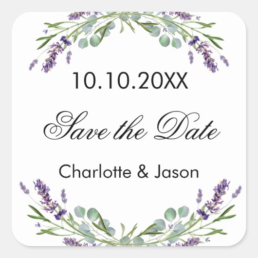 Lavendel eucalyptus trouwkaart Save the Date Vierkante Sticker (Voorkant)