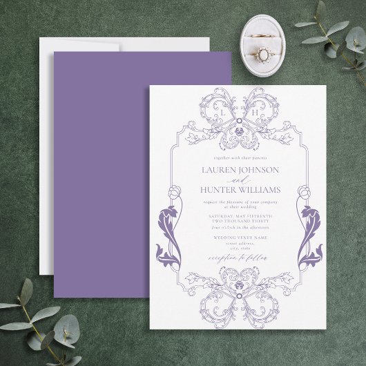  lavendel Floral Line Art Monogram Weddenschap Kaart