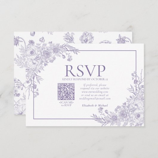 lavendel Floral Line Art QR Code RSVP (Voorkant / Achterkant)