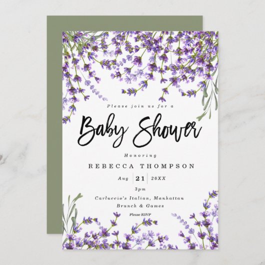lavendel florals boho modern baby shower kaart (Voorkant / Achterkant)