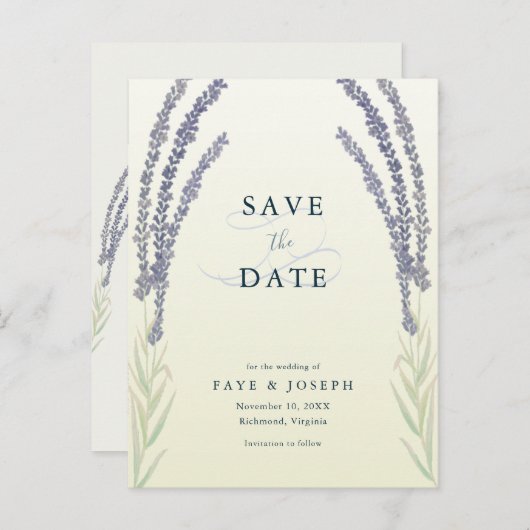 Lavendel Flower Waterverf Yellow Save the Date Aankondigingskaart (Voorkant / Achterkant)