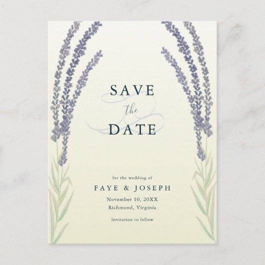 Lavendel Flower Waterverf Yellow Save the Date Aankondigingskaart (Voorkant)