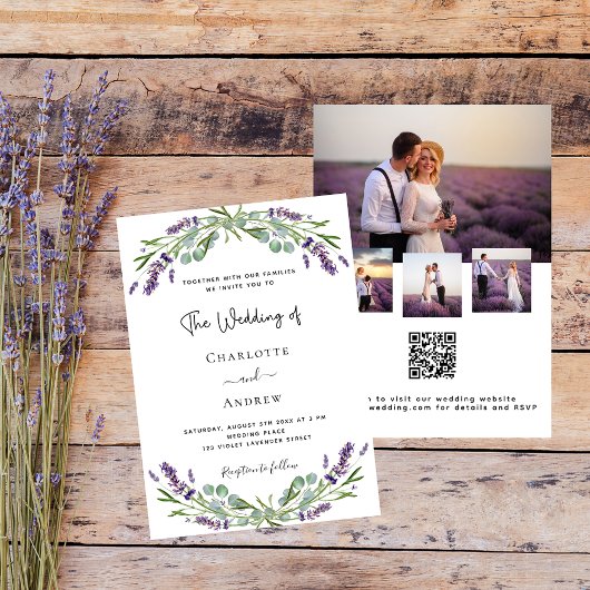 Lavendel foto collage QR RSVP luxe trouwfeest Kaart