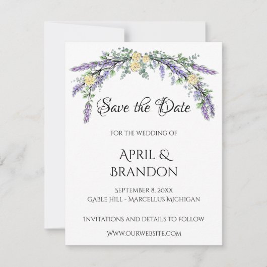 Lavendel Gele Roos en Eucalyptus Huwelijk Save The Date (Voorkant)