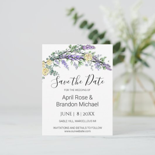 Lavendel gele rozen eucalyptus bewaar de datum save the date (Staand voorkant)