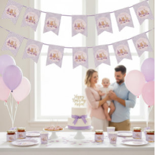 Lavendel Gingham 1e Verjaardag Vlaggenlijn Vlaggetjes