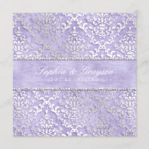 Lavendel Glimmer Damask Wedding Invite Kaart