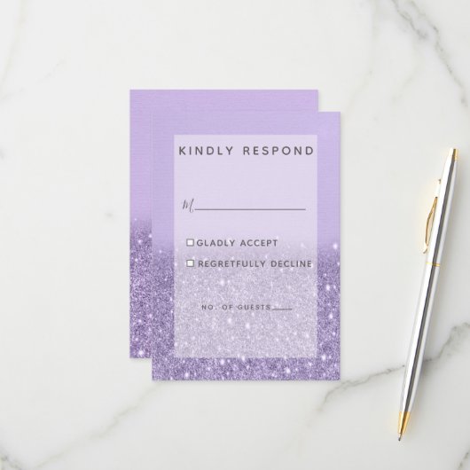 Lavendel Glitter Moderne Bruiloft RSVP Kaartje (Voorkant / Achterkant in situ)